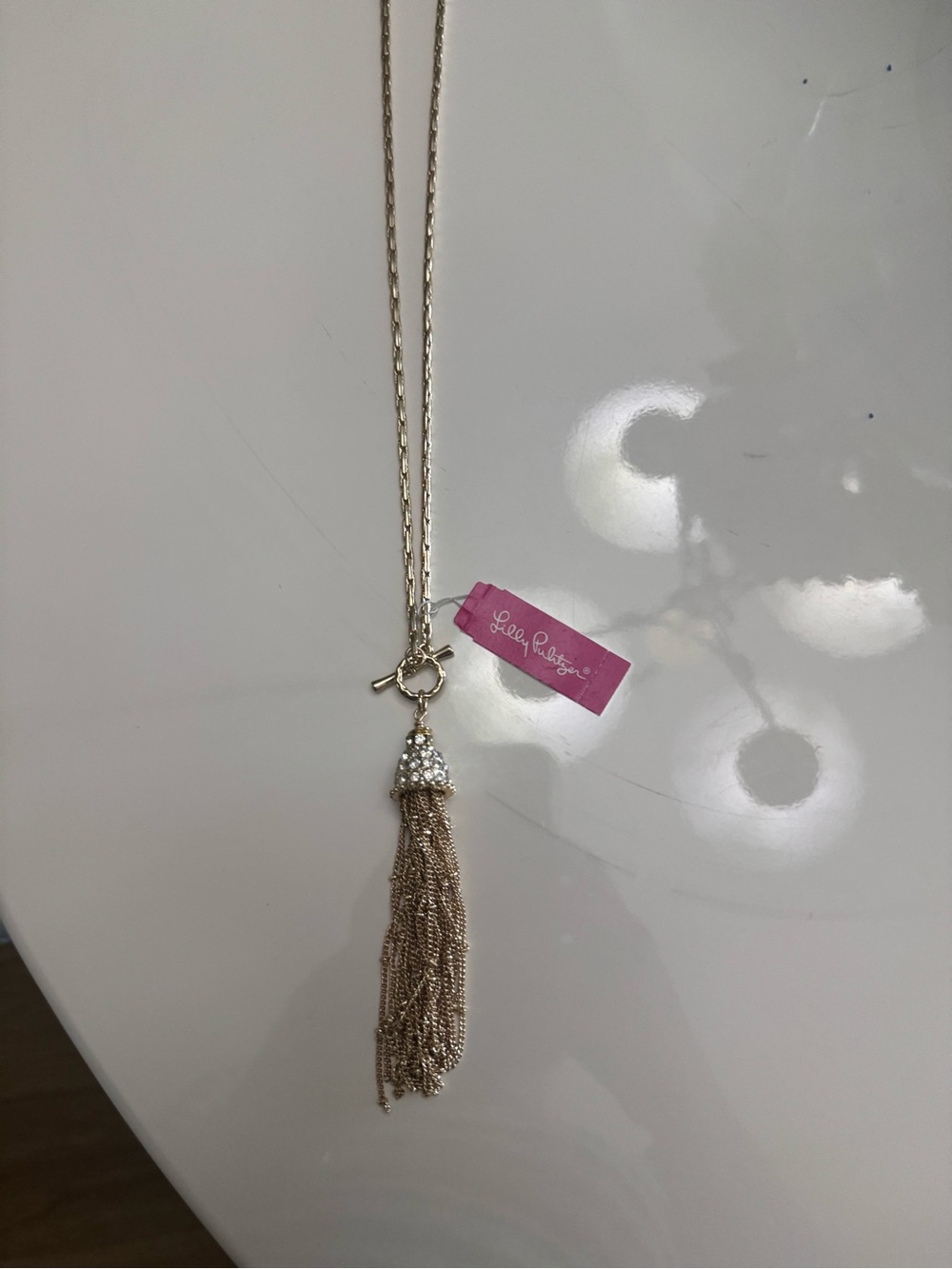 Lilly Pulitzer Gold Tone Crystal Tassel Pendant Necklace, Long Toggle Necklace,